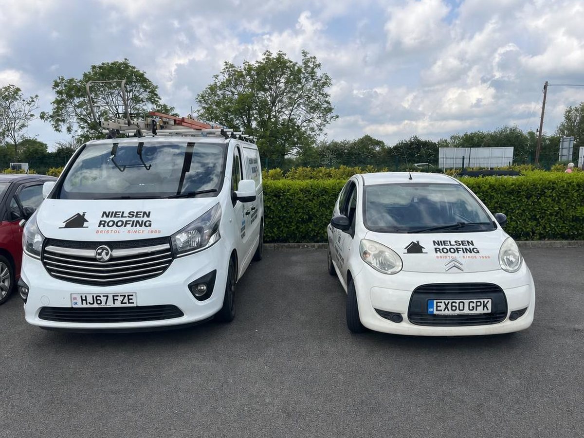 Nielsen Roofing branded van and car — the Bristol fleet